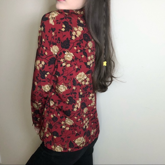 Red with Black and Tan flowers button down - Picture 4 of 6